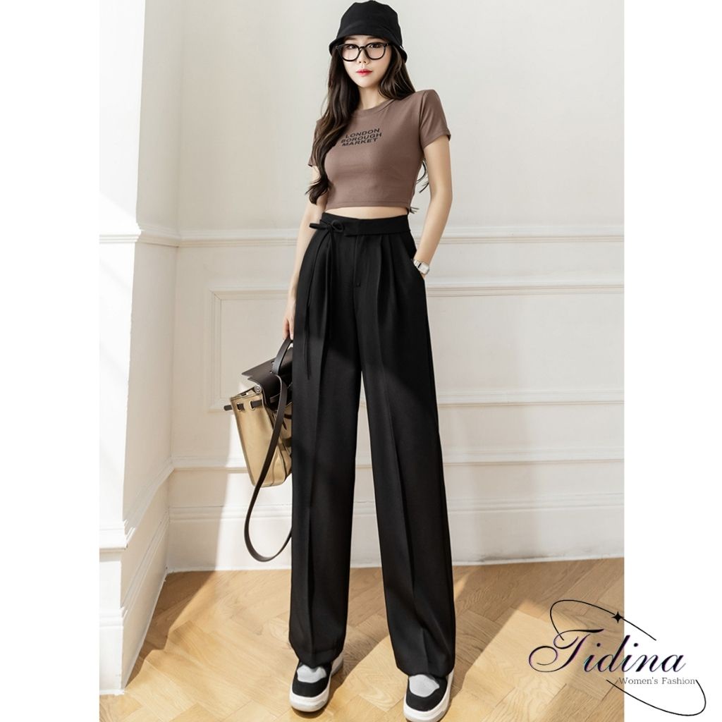 Quần Tây Ống Rộng Ulzzang thắt lơ 1 bên xinh quần ống rộng nữ suông lưng cao khóa trước TIDINA Q1