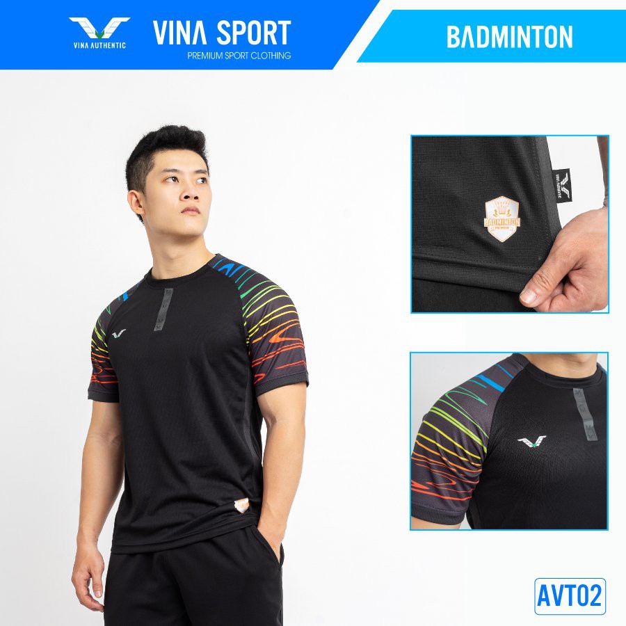 Áo Thể Thao Nam Cổ Tròn AVT02 Vina Sport, Áo Tập Gym Tennis , Chất Thun Thấm Hút Mồ Hôi, Thoáng Mát, Full Size- Lapi VN