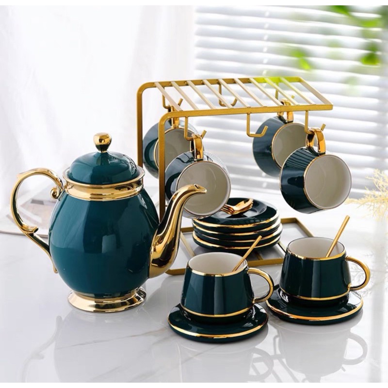 [CAO CẤP][Rẻ vô địch]BỘ ẤM CHÉN SỨ MẠ VÀNG KÈM KHAY PHONG CÁCH BẮC ÂU-DECOR CAO CẤP