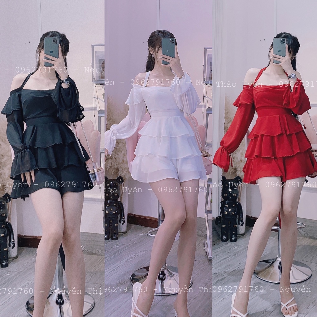 VÁY THIỀU BẢO TRÂM JUM 3 TẦNG CỰC XINH VÀ SANG TRỌNG VỚI MÀU TRẮNG ĐỎ ĐEN