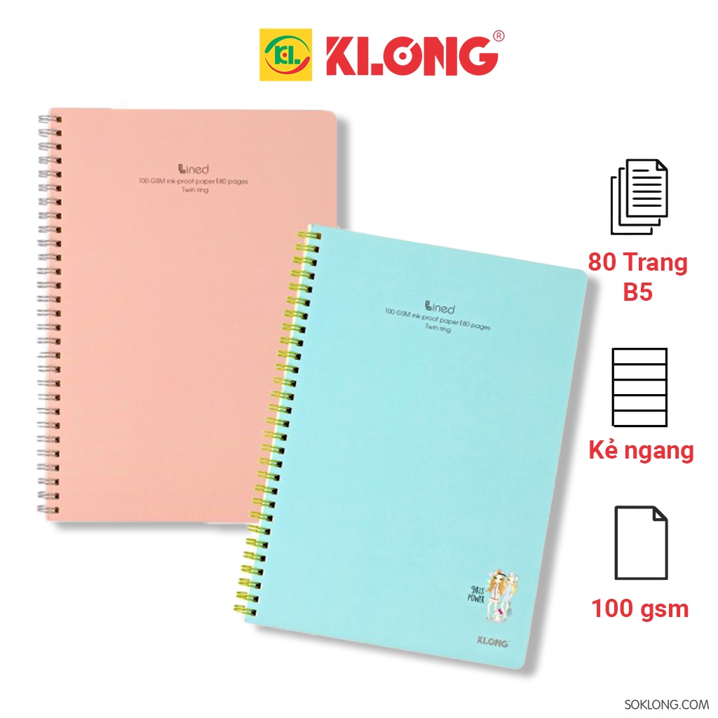 Vở B5 bìa nhựa gáy lò xo kép 80 trang kẻ ngang  Klong, sổ tập Klong MS 580 bìa dễ thương