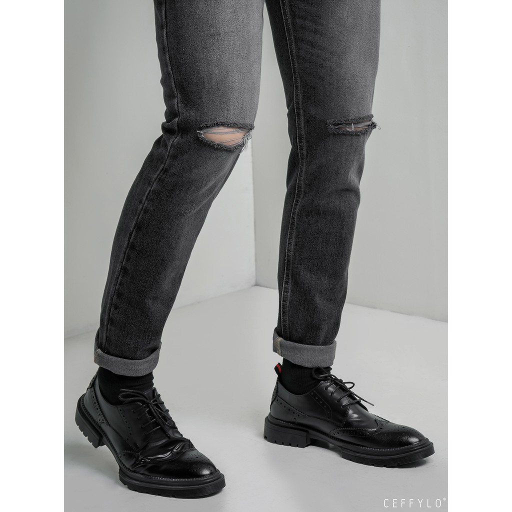 Quần Jeans rách gối Xám nam form slimfit CEFFYLO, chất Jean thun co giãn nhẹ