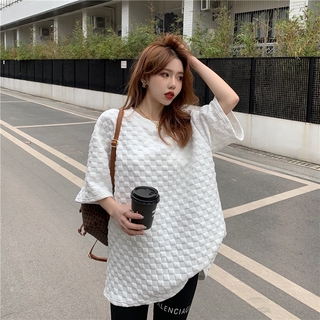 Spring New Shirt Top Plaid Medium Length Short Sleeve Women's T-shirt