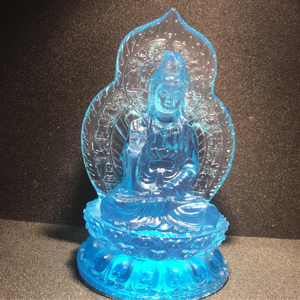 Tượng Quan Âm xanh dương mang may mắn cho mọi người cao 15 cm ngồi tòa sen
