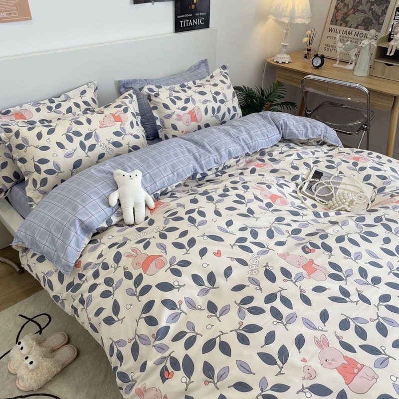 Set Bộ Vỏ Chăn Ga Gối Cotton Poly Thỏ Và Lá, Chất Vải Đanh Mát _shinbedding