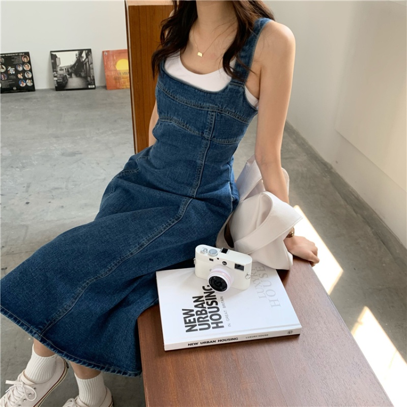 Đầm Maxi Denim Không Tay Lưng Cao Thời Trang Mùa Hè Dành Cho Nữ