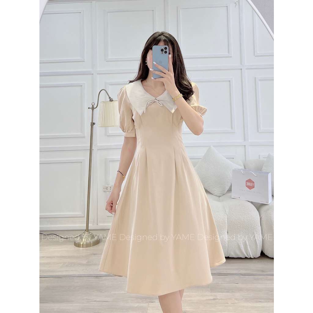 Váy cổ nơ tay bồng chất liệu kaki Hàn cao cấp VNS03 hai màu be, nâu vintage YAME