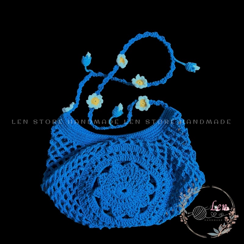 Túi lưới đi biển dây đeo chéo đính hoa hướng dương bằng sợi simply cotton - Phụ kiện thời trang handmade