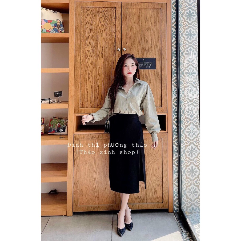 áo sơ mi đũi mix chân váy xẻ lệch chất yumi ulzzang xiao chất đẹp