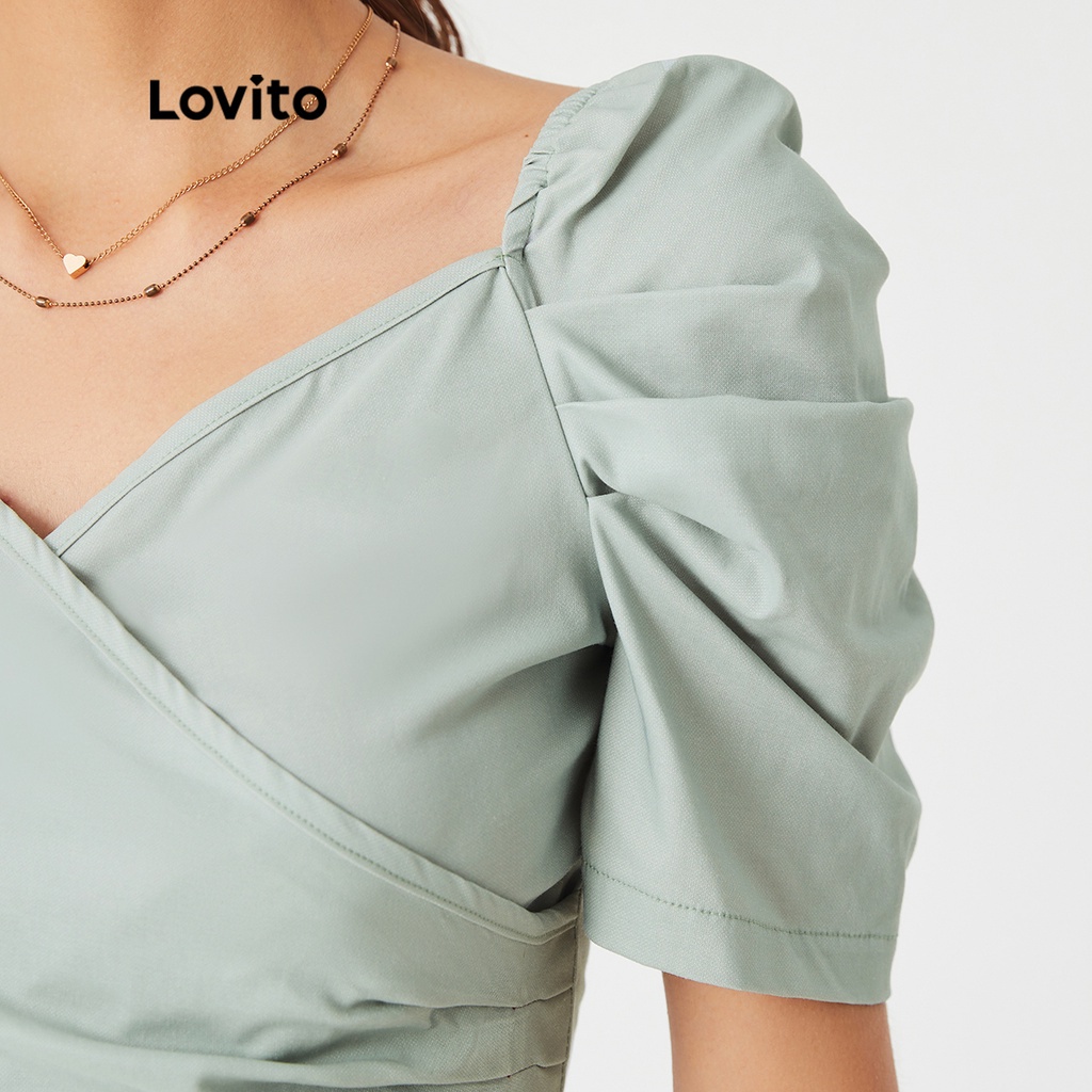 Áo kiểu Lovito xếp nếp lệch ổn định tay phồng màu trơn phong cách thanh lịch L27ED091 (màu xanh lam nhạt)