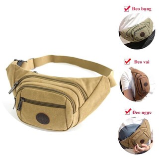 Túi đeo hông, Túi đeo bụng, Túi đeo chéo nam, nữ thời trang vải canvas màu vàng bò