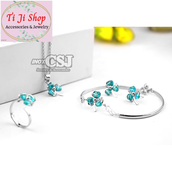 SÉT BỘ TRANG SỨC MÓN CỎ BA LÁ MÀU XANH NGỌC CB  - siêu đẹp,