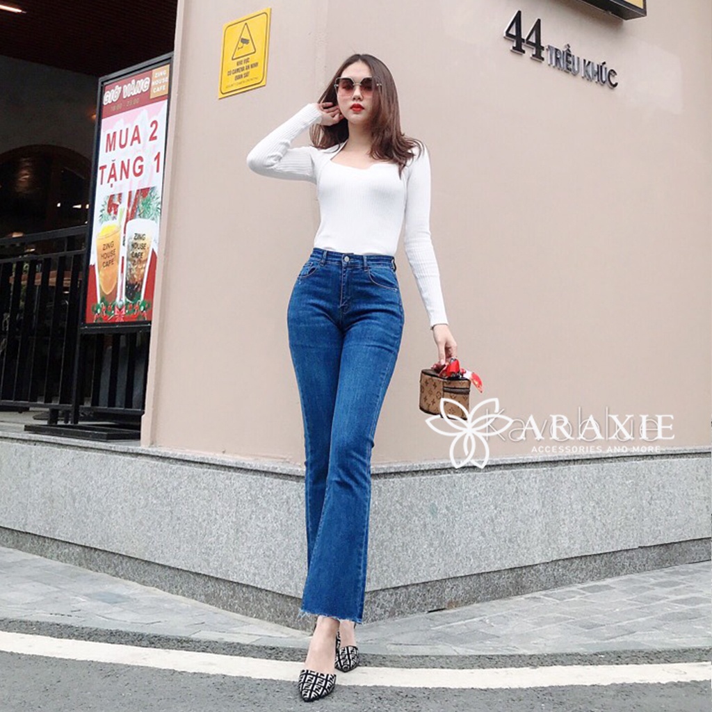 Quần nữ jean ống loe.quần bò lưng cao ống loe co dãn hàng QC cao cấp loại 1