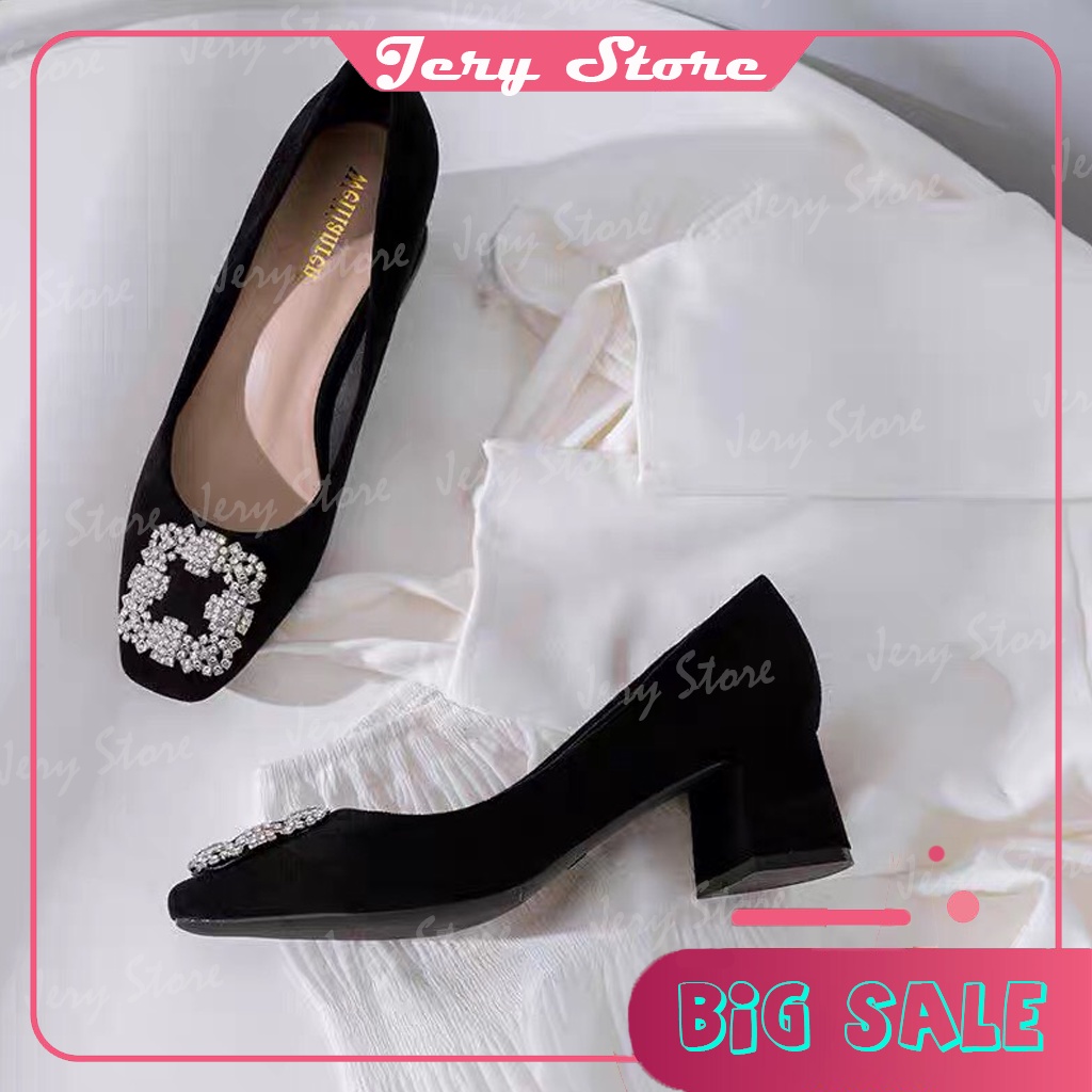 Giày cao gót, cao gót búp bê gót vuông sang xịn mịn, khóa vuông đính đá sang trọng, giay jery store