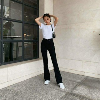 Quần bass đen siêu dài,quần ống loe lưng cao, quần jeans ống loe cao cấp thời trang pandajeans, quần jeans ống loe đẹp