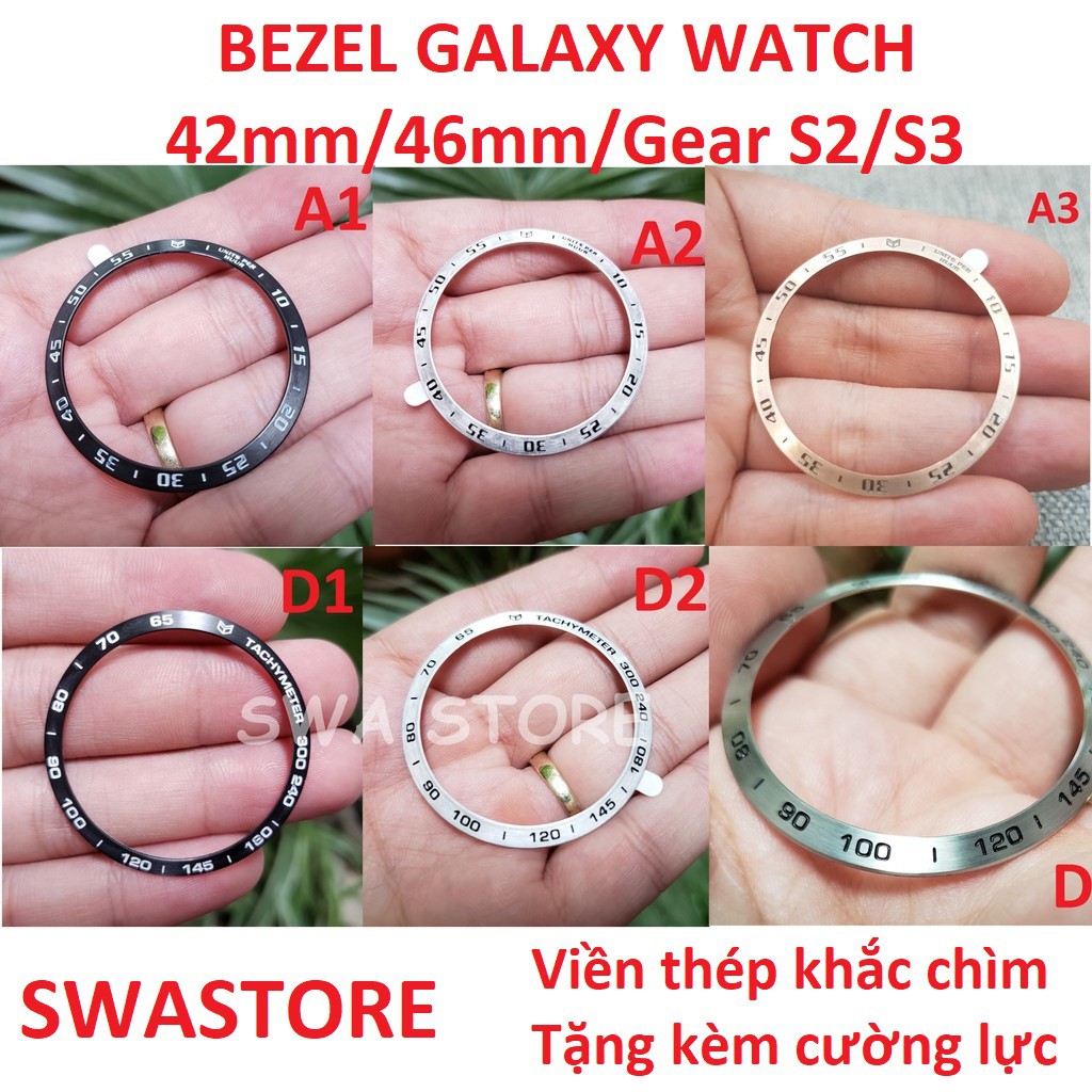 Bezel Samsung Galaxy Watch, Gear S3, Gear S2 (Classic, Sport), Gear sport, viền thép khắc chìm, tặng cường lực, SWASTORE