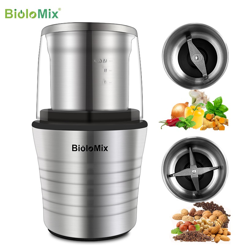 BioloMix Cốc đôi ướt và khô 2 trong 1 300W Máy xay hạt cà phê và gia vị bằng điện Thân máy bằng thép không gỉ và lưỡi dao xay