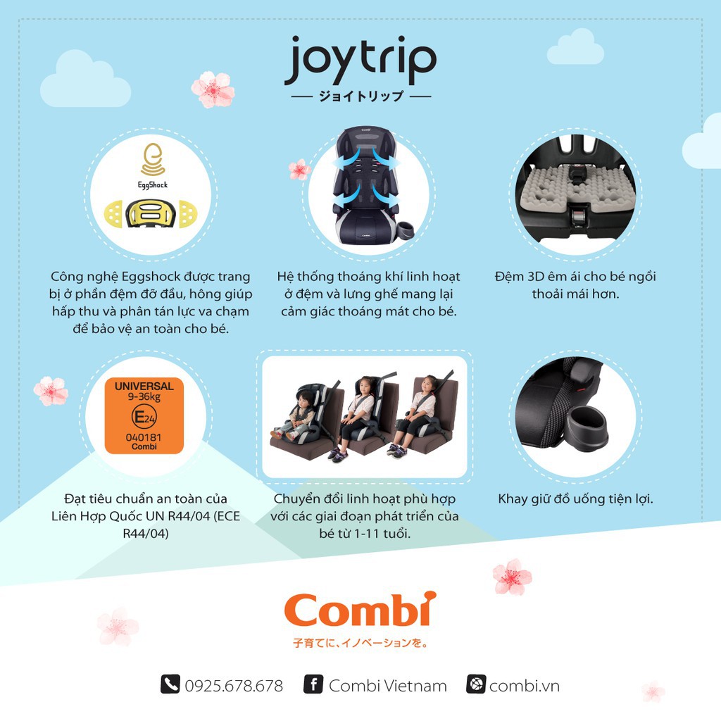 Ghế ngồi ô tô combi chính hãng Joytrip Plus màu black/ ghi nâu