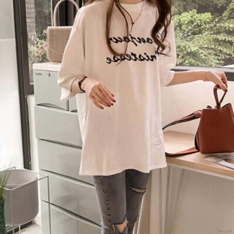 Áo Thun Tay Lỡ Dáng Rộng Cổ Tròn Hoạ Tiết Chữ Thoải Mái Thời Trang Cho Nữ