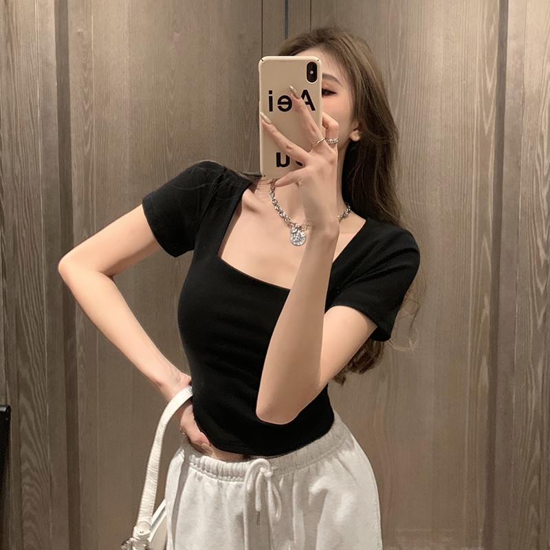 Áo Croptop Cổ Vuông Ôm Ngắn Tay, Áo Croptop nữ ngắn sexy màu TRẮNG | ĐEN Ulzzang