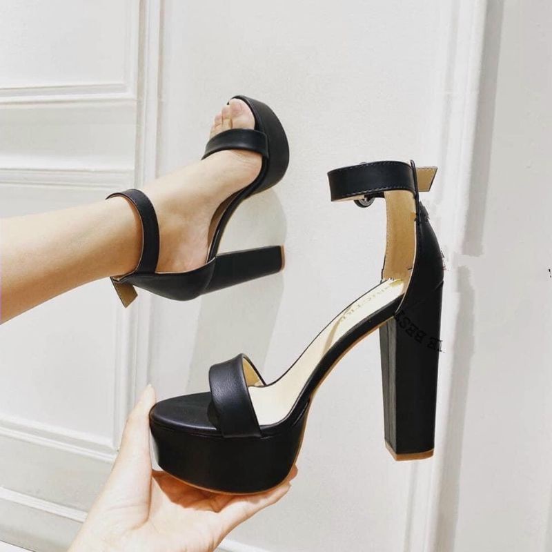 Giày Cao Gót Đế Vuông Đúp 12 Phân Dự Tiệc Quai Ngang Khoá Tròn Cài - Ân Hoa Shoes Shop