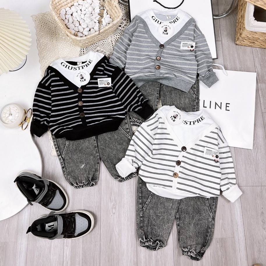 Đồ bộ bé trai, Set công tử phối quần jeans dài và áo sweater thun nỉ kẻ ngang cổ tim đẹp trai cho bé 7-18 kg, SUN KID'S