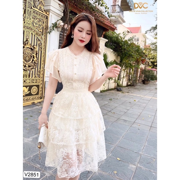 V2851 váy ren xếp tầng màu kem