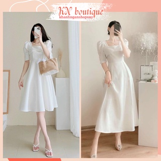 Đầm đẹp dự tiệc tay lửng váy nữ xinh trắng dài đi ăn tiệc cưới dáng xòe chất liệu cotton gân mịn 2 lớp K N Boutique