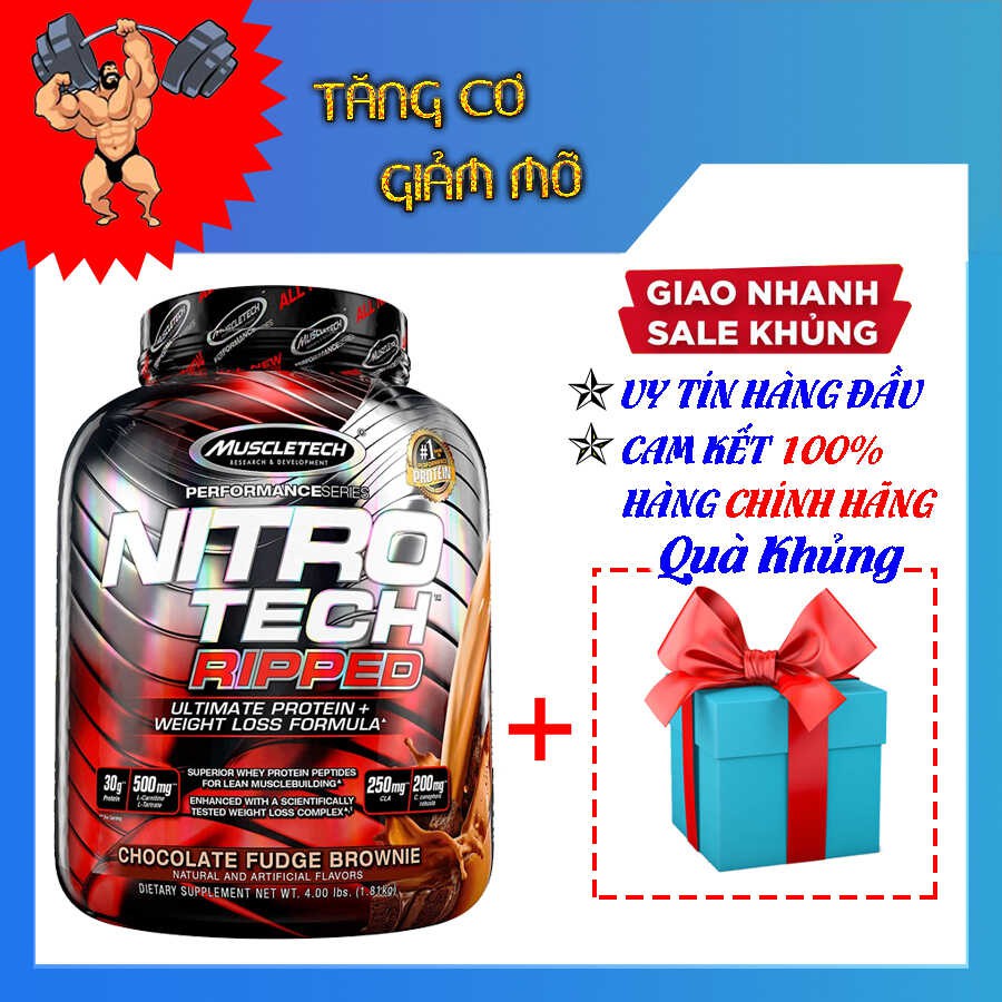 Sữa tăng cơ NITRO TECH RIPPED 4LBS (1.8Kg) VỊ CHOCOLATE - Kèm quà tặng - Hàng Chính Hãng Muscletech USA