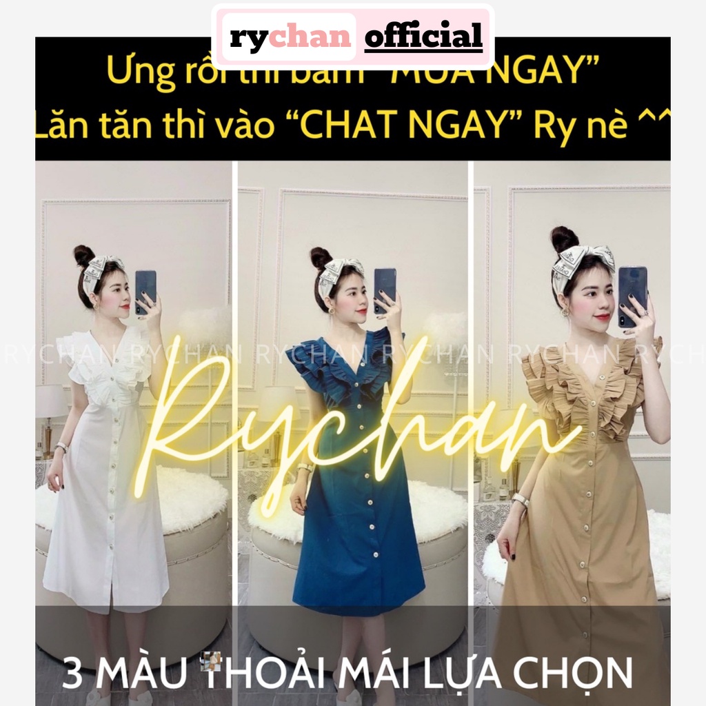 Đầm Xòe Cổ V Tim Sơ Mi Tay Bèo Màu Trắng Màu Nude Be Màu Xanh Dương - DX0158