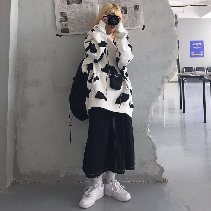 Áo Hoodie Dáng Rộng In Họa Tiết Bò Sữa Phong Cách Hàn Quốc