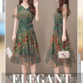 Đầm xòe cổ V họa tiết