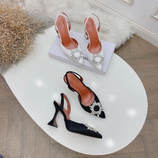  Giày cao gót Ami lụa tag hoa đá mặt trời bản hở gót đen trắng 