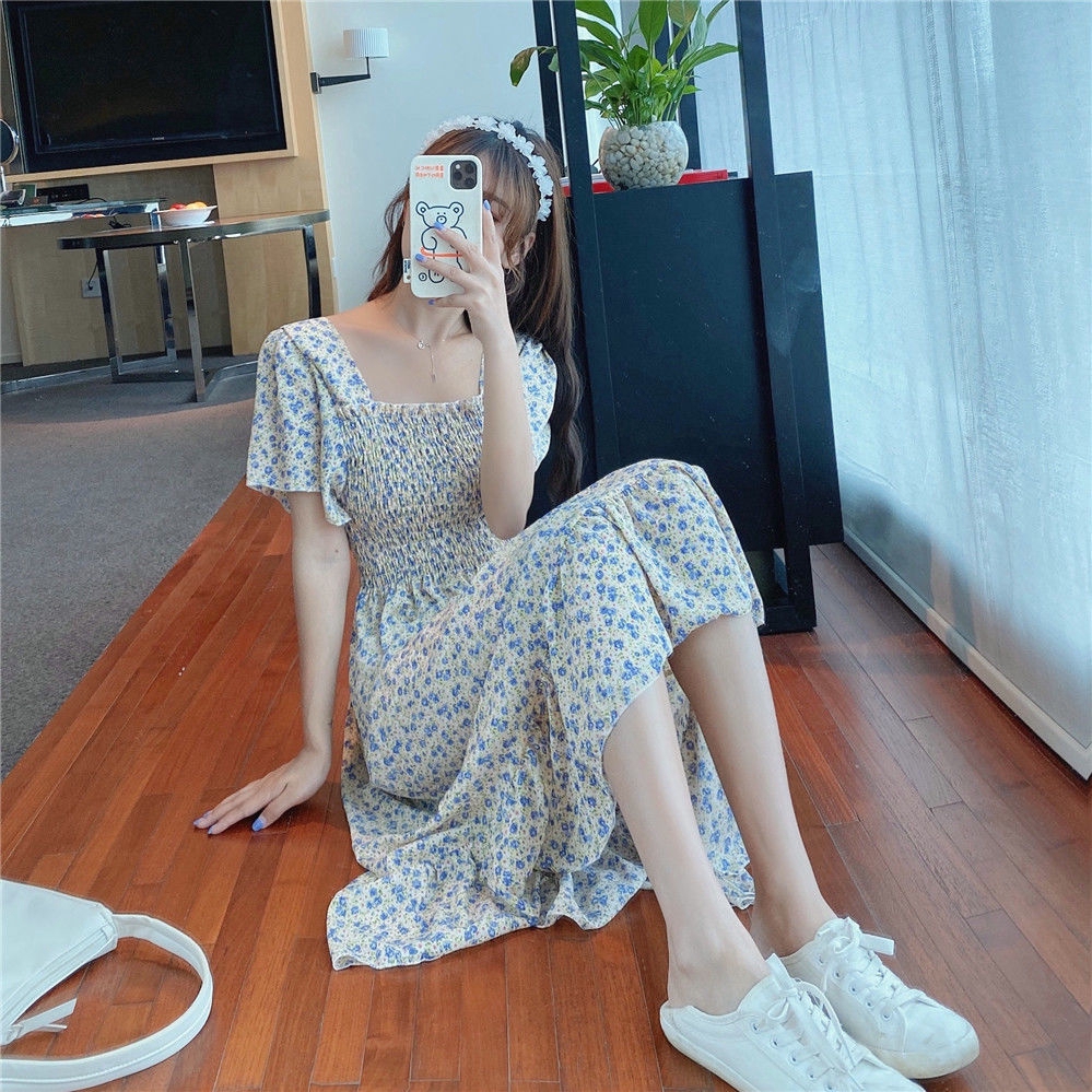 Đầm Maxi Chiffon Tay Ngắn Phối Bèo Họa Tiết Hoa Thanh Lịch Cho Nữ