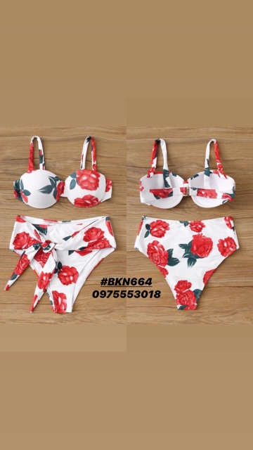 [BKN664] &lt;ÂU&gt; SET BIKINI TRẮNG HOA ĐỎ CUPSO NƠ EO (CÓ GỌNG) (CẠP CAO)