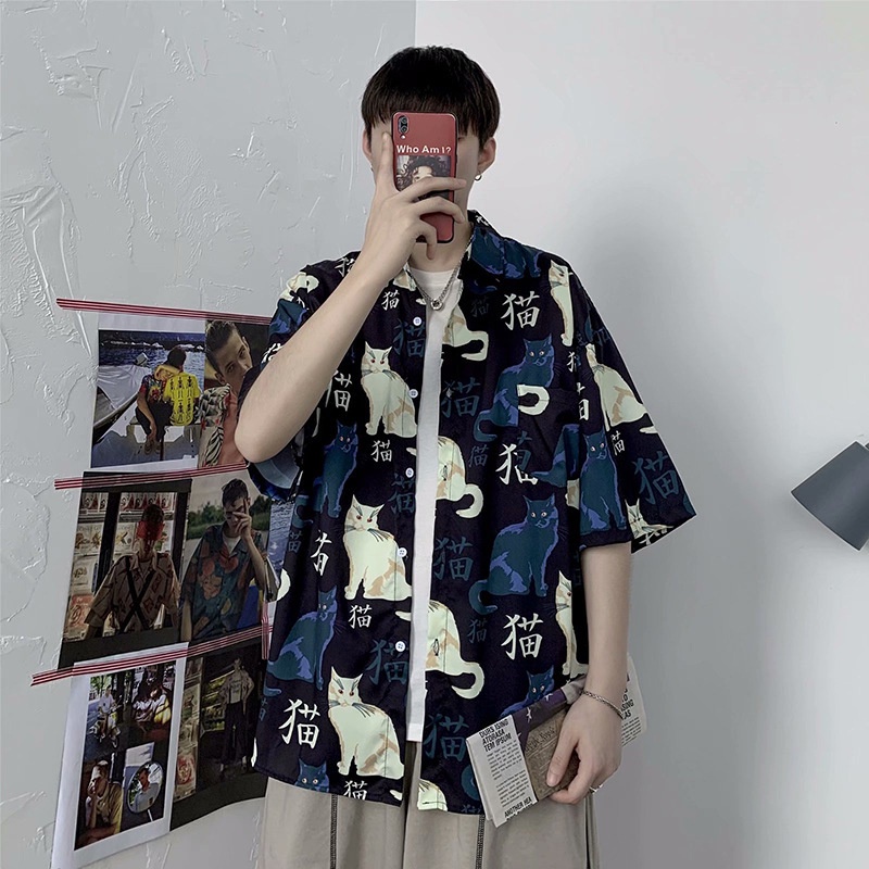 Áo sơ mi đi biển PURUILONG tay ngắn dáng rộng in hình mèo phong cách Hàn Quốc thời trang cho nam