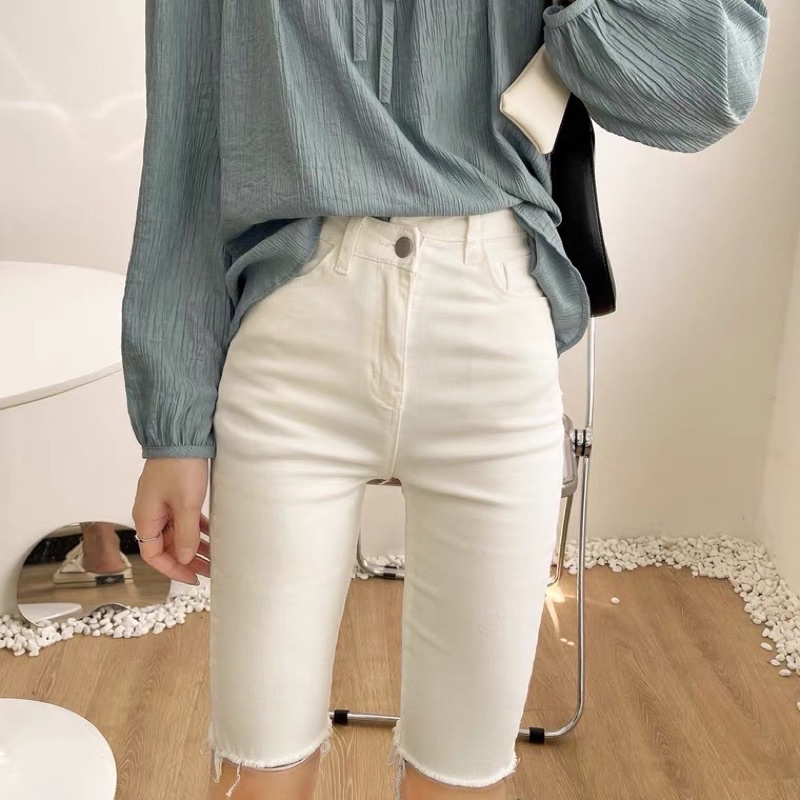 Quần Jeans Lửng Nữ Đen Trắng Co Giãn, Quần Ngố Jean Đùi Nữ Trơn Basic