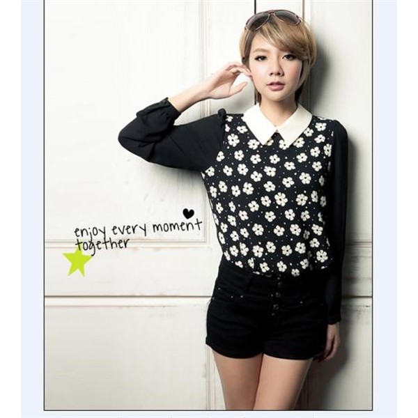 Thời Trang Nữ, áo voan hoa cổ peter pan, GL0896 - ĐEN