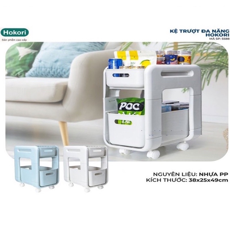 Kệ xoay 360 độ Hokori 5588, kệ trượt đa năng có bánh xe, kệ đựng đồ phòng tắm nhà bếp đa năng