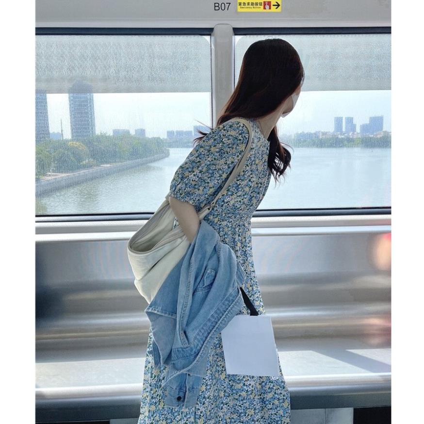 Váy hoa nhí xanh cổ tròn tay phồng siêu sang _Bi