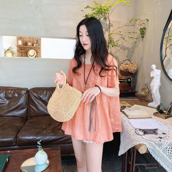 Áo Sơ Mi Cổ Tròn Dáng Rộng Mỏng Màu Sắc Ngọt Ngào Xẻ Tà Cài Khóa Phong Cách Phương Tây Cho Nữ