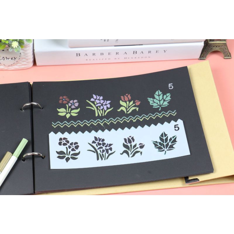 Bộ 8 khuôn vẽ tranh tô màu  hình con vật, hoa lá, nhân vật hoạt hình, xe cộ... Khuôn phun sơn trang trí DIY