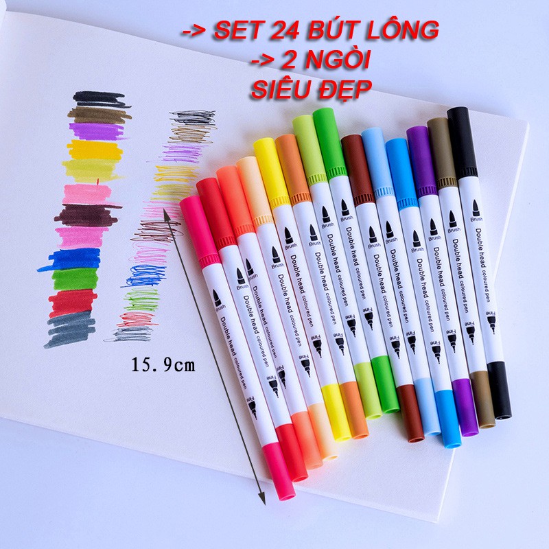 [Bujo]  [MỚI] Set 12/24 Bút Highlight Brush ngòi lông 2 đầu mềm dạ quang đánh dấu tiện lợi