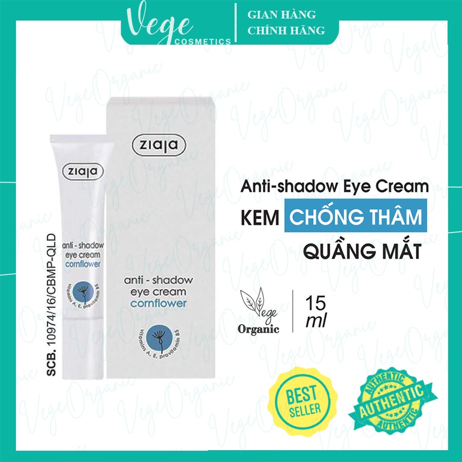 Kem thâm quầng mắt ZIAJA Anti shadow eye cream 15ml VEGE ORGANIC dưỡng mắt, chống nhăn mắt, chống quầng thâm mắt