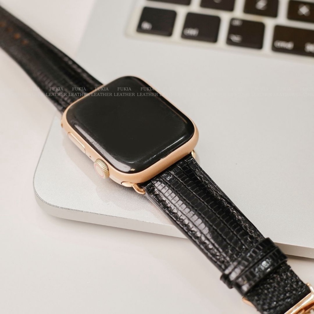 Dây da thủ công Kỳ Đà Đen dành cho Apple Watch, đồng hồ thông minh, đồng hồ cơ