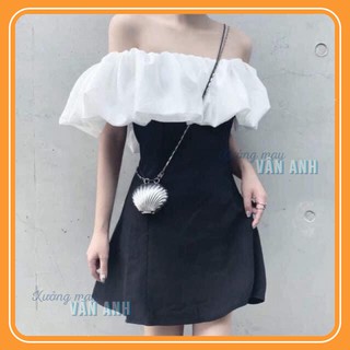 Váy Trễ Vai Nữ - Đầm Voan Công Chúa Đẹp Chất Voan Lạnh Màu Đen Phối Trắng Freesize