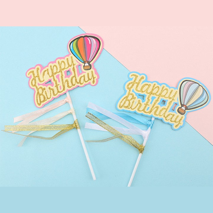 Combo 10 topper nhũ Happy birthday khí cầu cắm bánh sinh nhật cao 19Cm, trang trí bánh sinh nhật, hình khinh khí cầu