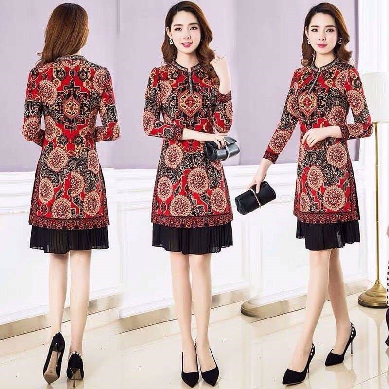 ĐẦM GIẢ ÁO DÀI CÁCH TÂN PHỐI CHÂN VÁY LIỀN DẬP LY CÁCH ĐIỆU SANG TRỌNG có size lớn XXL - HÀNG NHẬP KHẨu