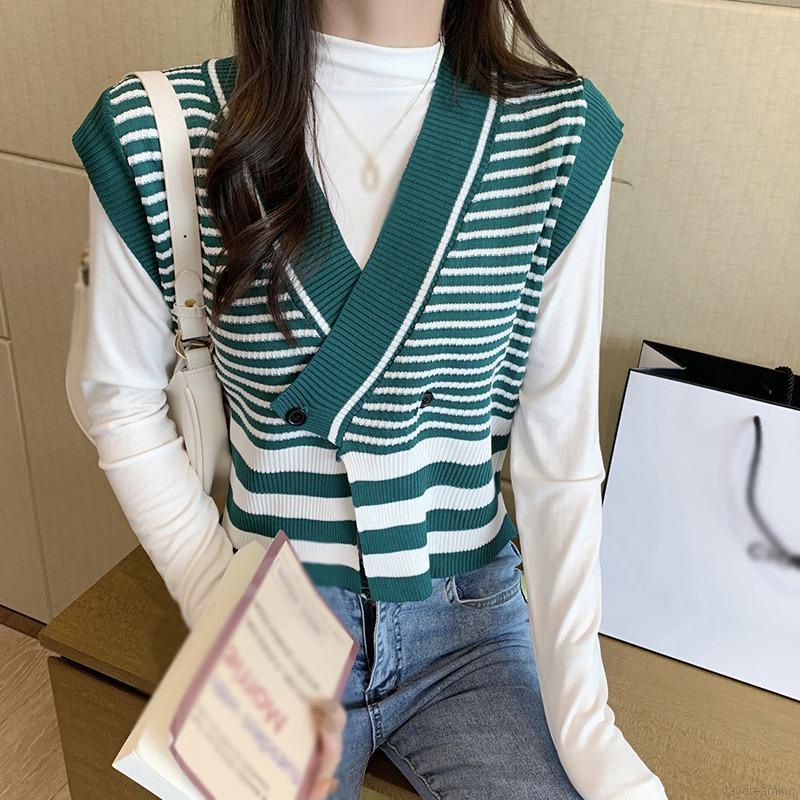 Áo khoác cardigan không tay cổ chữ v họa tiết kẻ sọc phong cách retro