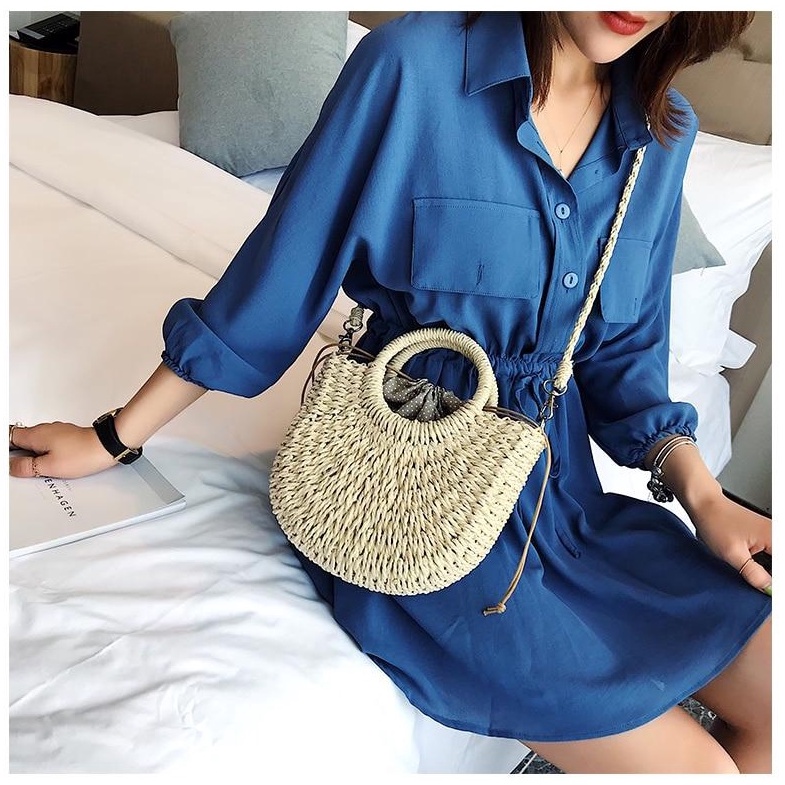 Túi cói Vintage kiểu Bán nguyệt cầm tay và dây đeo cỡ vừa - Medium size